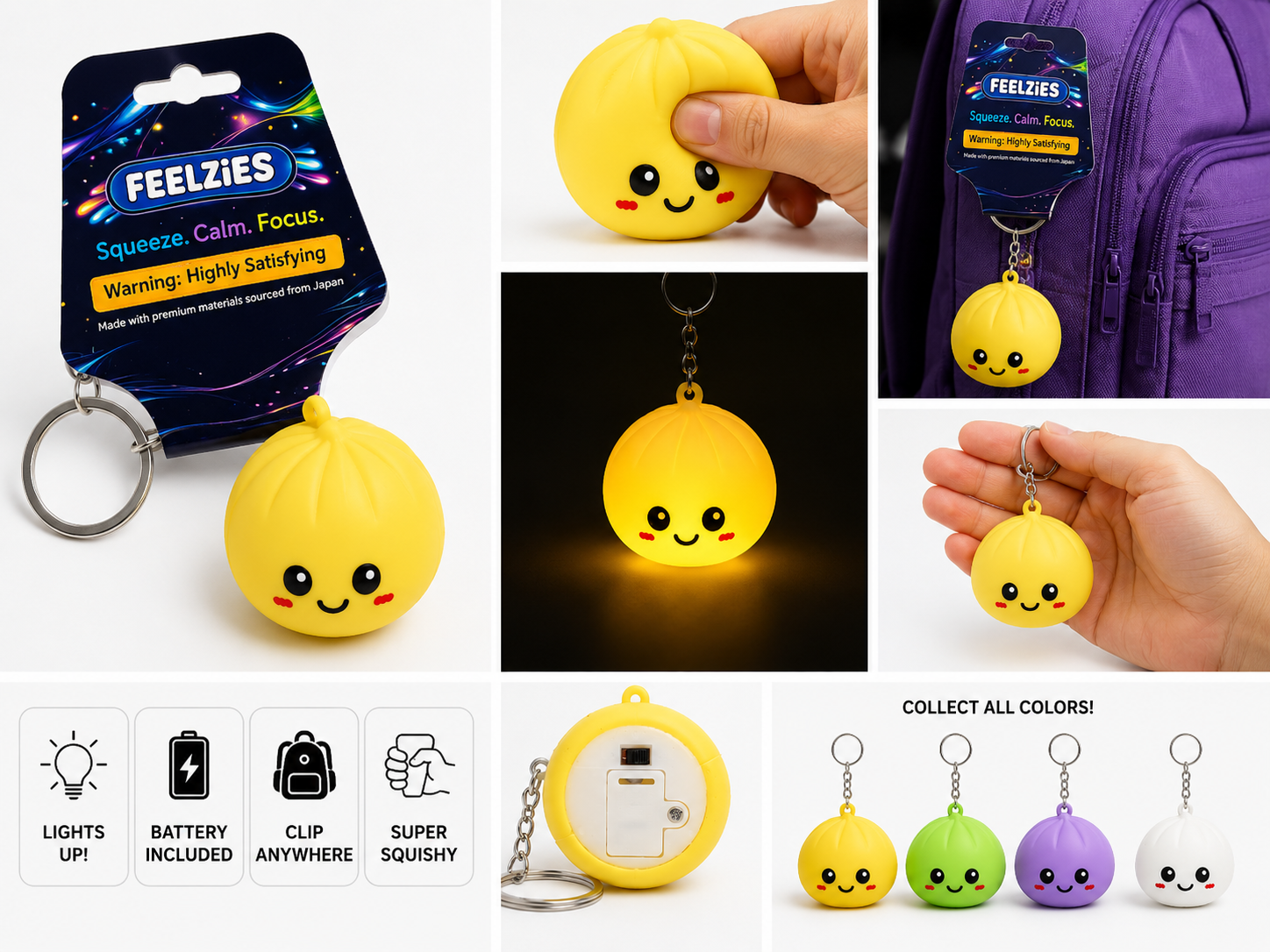 FEELZiES™ Light Up Dumpling Squishy™ | Keychain Sensory Bag Charm