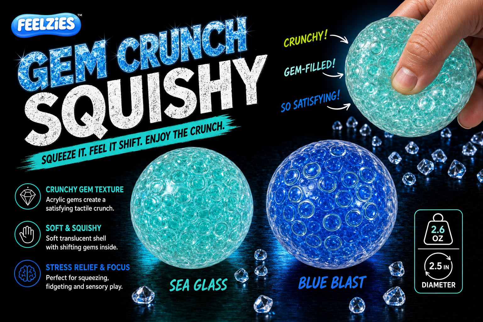 FEELZiES™ Gem Crunch Squishy Ball – Crunchy Sensory Stress Ball