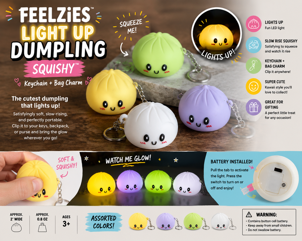 FEELZiES™ Light Up Dumpling Squishy™ | Keychain Sensory Bag Charm
